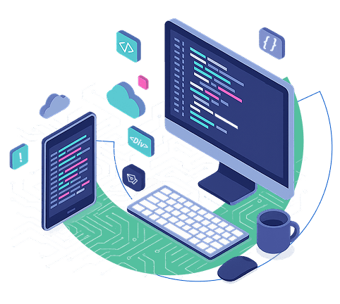 Ilustração de um computador e um tablet exibindo códigos, com ícones de programação e circuito eletrônico ao fundo.